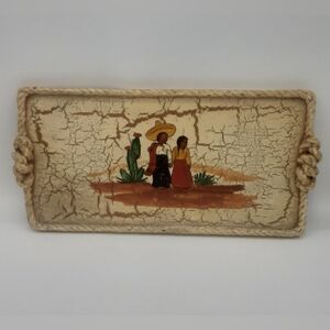 Handcrafted Vtg Beige Tray Artistic Design Distressed Finish Rope Style Handle